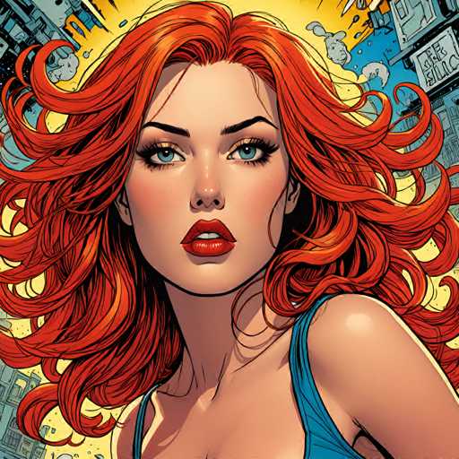 The image depicts an orange-haired woman with a blue tank top and red lipstick, standing against a backdrop of a city skyline filled with buildings and a bright yellow explosion.