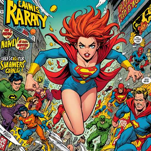 The image is a vibrant comic book cover featuring a woman with red hair and an orange dress as the central figure, surrounded by a group of superheroes engaged in combat on a city street. The superhero characters include Superman, Batman, and Spiderman, each wielding their iconic weapons.