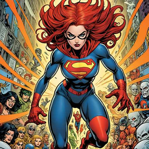 The image depicts a woman with red hair and blue bodysuit as the central figure, surrounded by a crowd of people dressed in various colorful outfits. The background is filled with orange lines that appear to be emanating from her body, creating an intense and dynamic atmosphere.