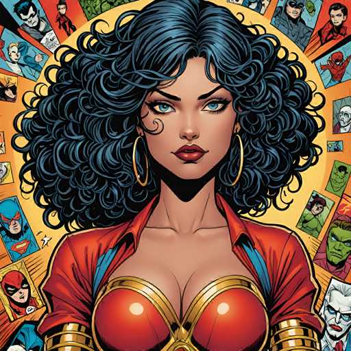 The image depicts a woman with long curly hair wearing a red dress and gold earrings. She is positioned against a backdrop of various cartoon characters, including a man with a red hat, a woman in a blue dress, and a man with a green hat. The colors used are predominantly red, yellow, and black, creating a vibrant and lively atmosphere.
