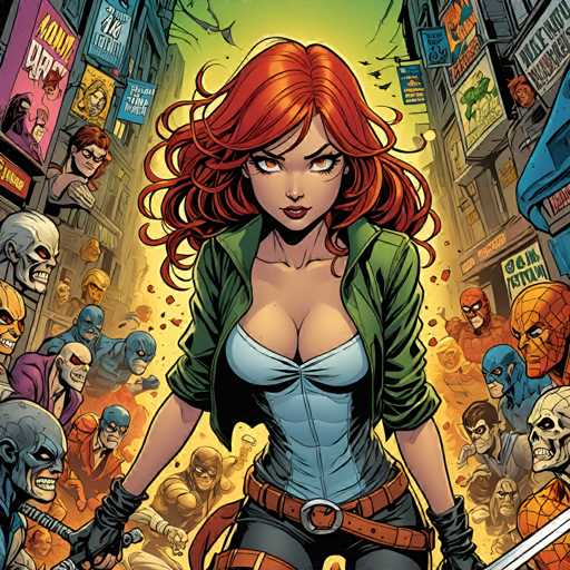 The image depicts a woman with red hair and a green jacket standing in the center of a bustling city scene. Surrounding her is a group of people dressed in various colorful outfits, creating a vibrant and lively atmosphere. The background features buildings and signs, suggesting an urban setting.