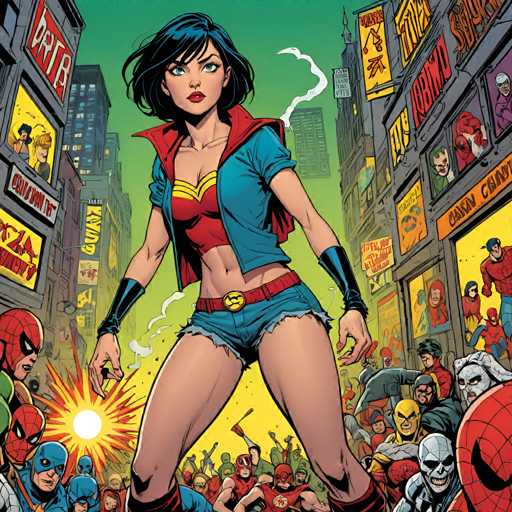 The image depicts a woman dressed as Wonder Woman standing in front of a group of people wearing Spiderman costumes and holding spider-like weapons. The background shows a cityscape with buildings and signs, suggesting the scene is set in an urban environment.