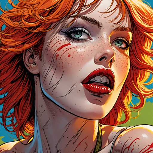 The image depicts an orange-haired woman with red lipstick and green eyes, wearing a green shirt against a blue background. The woman's face is marked by red splotches on her cheeks and forehead, suggesting she has been in a fight or accident.