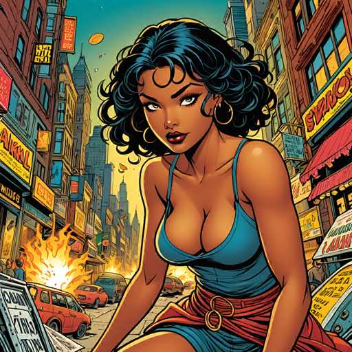 The image depicts a woman with dark hair and blue eyes seated on the ground in front of a red car. She is wearing a blue dress that contrasts with her skin tone. The background shows an urban cityscape filled with buildings and signs, including one sign for "Sideways" and another for "Mall".