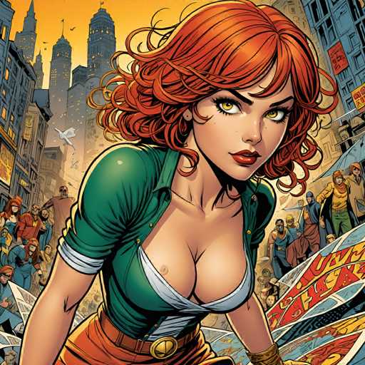 The image depicts a woman with vibrant red hair and striking green eyes standing in the foreground of a bustling city scene. She is wearing an orange dress that contrasts with her fiery hair color. The background shows buildings and people going about their day, creating a sense of depth and scale to the urban landscape.