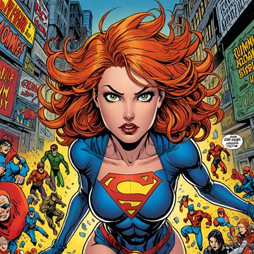The image depicts a woman with vibrant orange hair and blue armor, wearing a red cape, as the central figure. Surrounding her is a group of characters from comic books, including Superman, Batman, and Wonder Woman. The setting appears to be a cityscape filled with buildings and signs, suggesting an urban environment.