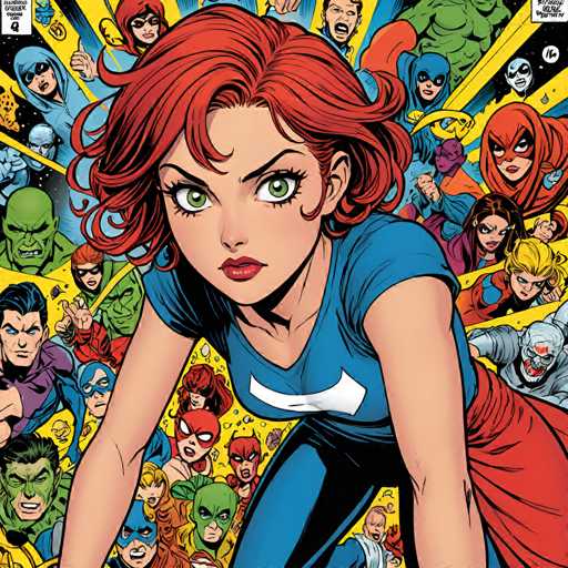 The image is a vibrant comic book cover featuring a woman with red hair and blue eyes wearing a blue shirt and black pants. The background of the cover is filled with various characters from different comic books, including a green alien, a blue-skinned man, and a purple-haired woman.