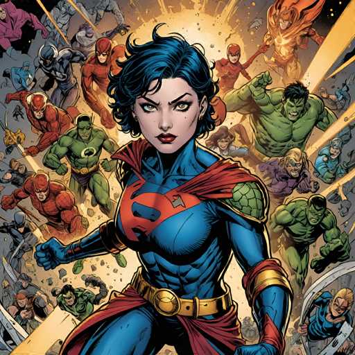 The image depicts a woman with blue hair and a red cape standing in the center of a vibrant comic book cover featuring various superheroes and villains. The background is filled with explosions and bright lights, creating an intense atmosphere.