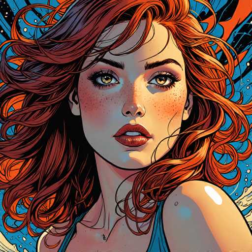 The image depicts an orange-haired woman with red eyes and a freckled face wearing a blue tank top against a vibrant blue background speckled with white stars.