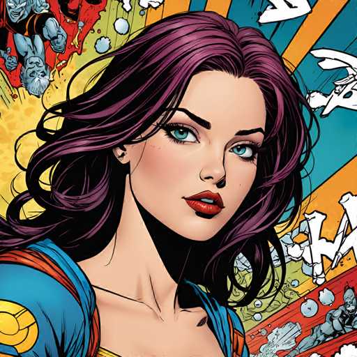 The image depicts a woman with long purple hair wearing a blue dress and red lipstick. The background features a vibrant explosion of colors and various comic book characters, including a man with a lion's head and a woman with a fish tail.