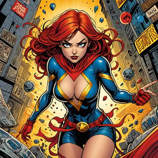 The image depicts a woman with red hair and a blue outfit as the central figure. She is shown running through an urban setting filled with buildings of various sizes and colors, including a large building in the background that has a sign reading "Baker's". The woman appears to be in motion, possibly escaping from danger or chasing someone.

The style of the image can be described as a comic book-inspired illustration, featuring bold lines and vibrant colors. The use of red for the hair and blue for the outfit adds a striking contrast against the urban backdrop.