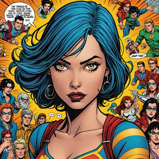 The image is a vibrant comic book cover featuring a woman with blue hair and a red shirt. The background of the cover is filled with various characters from different comic books, including Superman, Batman, and Wonder Woman. The text on the cover includes phrases such as "I'm not afraid to be alone", "I'll never give up", and "I've got my back".