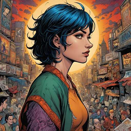 The image depicts a woman with blue hair and an orange shirt standing in the center of a bustling city scene. The background is filled with various buildings and signs, creating a sense of urban life. The woman's position and expression suggest she is observing something or someone out of frame.