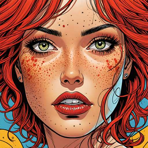 The image depicts a close-up portrait of a woman with vibrant red hair and freckles on her face. The woman's eyes are wide open, and she has a slight smile on her lips. The background is a solid blue color that contrasts with the woman's fiery hair.