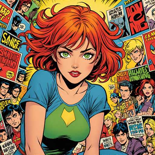 The image is a vibrant and colorful comic book cover featuring an orange-haired girl with green eyes as the central figure. She is wearing a blue shirt adorned with a yellow star on her chest. The background of the cover is filled with various comic book characters in different poses and expressions, creating a lively and dynamic scene.