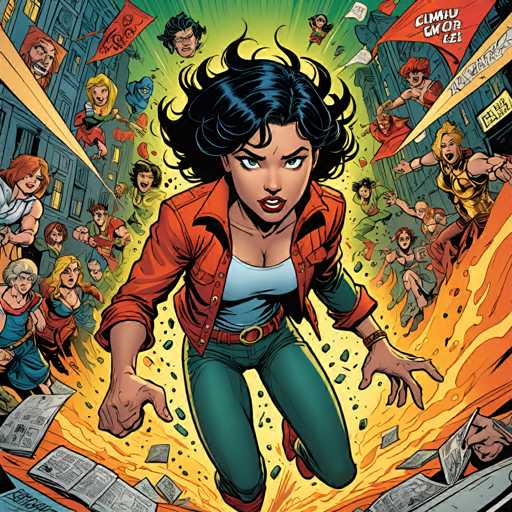 The image depicts a woman with long dark hair and a red shirt running through a city scene filled with other people dressed in various colors. The background is a mix of orange and green hues, creating an urban atmosphere.