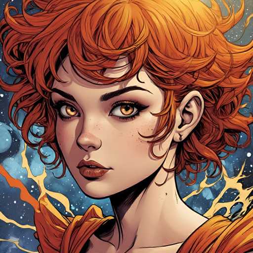 The image depicts an orange-haired woman with a serious expression on her face. She is wearing a vibrant yellow dress that contrasts with the blue background and white stars scattered throughout the scene. The woman's hair appears to be styled in loose curls, adding a sense of movement and dynamism to the composition.