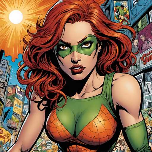 The image depicts a woman with vibrant red hair and green eyes wearing an orange tank top and green pants. She is standing against a backdrop of various comic book illustrations, including one featuring a character from the Marvel Comics universe. The sun is shining brightly in the background, casting light on the scene and highlighting the colors of the woman's outfit.