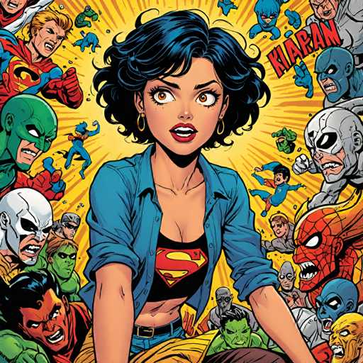 The image depicts a woman with short hair wearing a blue shirt and black pants standing in the center of a vibrant comic book-style scene. Surrounding her is a group of characters from various comic books, including Spiderman, Batman, and Superman, as well as other iconic characters such as Green Goblin, X-Men, and Fantastic Four.
The colors used are predominantly yellow, blue, green, red, and black, creating a lively and dynamic atmosphere. The woman appears to be the focal point of the scene, with her expression conveying surprise or shock at something happening around her.