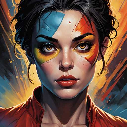 The image shows a close-up portrait of a woman with striking blue and orange makeup on her face. The background is a vibrant mix of red, yellow, and black colors, creating an abstract pattern that adds depth to the scene. The woman's gaze is directed straight at the viewer, giving off an intense and captivating vibe.
