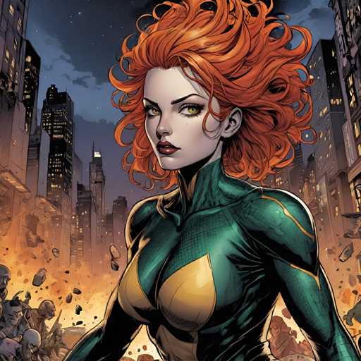 The image depicts an orange-haired woman with a green and yellow outfit standing in the center of a cityscape at night. The woman is facing the camera directly, giving a clear view of her striking appearance. In the background, there are buildings that add depth to the scene, creating a sense of urbanity.