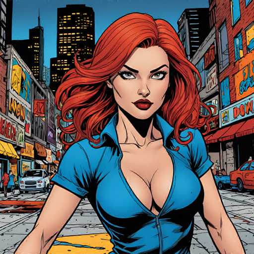 The image depicts a woman with red hair and a blue shirt standing on the sidewalk of a city street at night. She is wearing a tight-fitting outfit that accentuates her curves. The background shows buildings and cars lining the street, creating an urban setting for the scene.