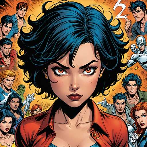 The image is a vibrant and colorful illustration featuring a woman with blue hair wearing an orange shirt. Surrounding her are various characters from comic books or graphic novels, including a man with a silver suit and a woman in a red dress. The background of the image is a bright yellow color, which contrasts with the darker colors used for the characters and the woman's hair.