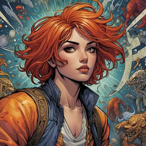 The image depicts an orange-haired woman with a blue jacket and backpack standing in front of a group of fantastical creatures, including dragons and other mythical beings. The background is filled with various elements from the comic book world, such as a blue sky, clouds, and floating objects.