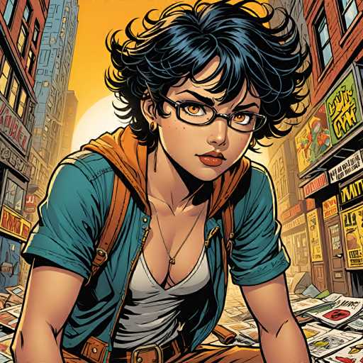 The image depicts a woman with short dark hair wearing glasses and a blue shirt. She is standing on the ground surrounded by stacks of books and magazines, suggesting she may be browsing or studying literature. The background features buildings and signs typical of an urban setting, indicating that this scene takes place in a city.