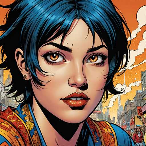 The image depicts a woman with blue hair and an orange scarf, standing against the backdrop of a cityscape filled with buildings and people. The artist's signature is visible at the bottom right corner.