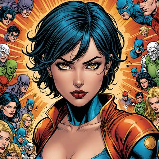 The image depicts a woman with blue hair and an orange jacket standing in front of a group of people wearing colorful suits and masks. The background is filled with various characters from comic books and movies, including Batman, Superman, and Wonder Woman.