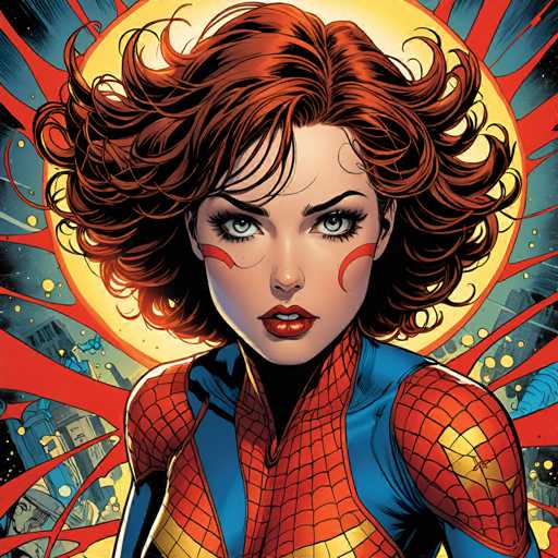 The image is an illustration featuring a woman with red hair and a spider-man costume. The background of the image is a vibrant mix of blue, orange, and yellow colors, creating a sense of depth and dimension. The woman's face is prominently displayed in the center of the image, with her eyes looking directly at the viewer.