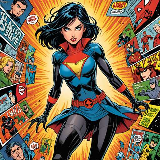 The image depicts a woman with long dark hair wearing a blue and red outfit that includes a red belt and a star on her chest. She is standing against a backdrop of comic book panels featuring various characters such as Superman, Batman, and Spiderman. The panels are in shades of orange, yellow, green, and black, creating a vibrant and colorful scene.