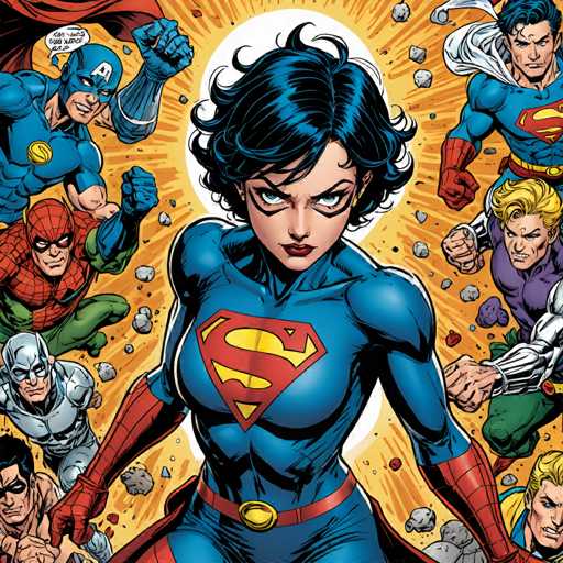 The image depicts a female superhero with blue hair and a red belt, standing in the center of a vibrant comic book illustration. Surrounding her is a group of superheroes, including Spiderman, Batman, and Superman, all facing towards her. The background features a bright yellow sunburst pattern, creating a sense of depth and dimension to the scene.