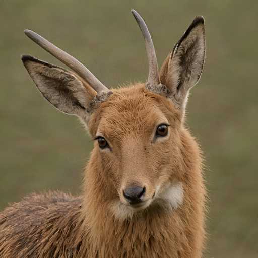 A brown deer with large antlers standing on a grassy field.