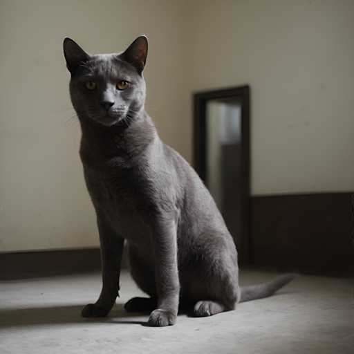A gray cat sits on a concrete floor with its front paws resting on the ground and its tail curled up behind it. The cat's eyes are focused directly at the camera, giving an impression of alertness and curiosity. In the background, there is a closed door and a window that allows light to enter the room.