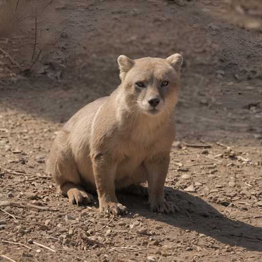 A brown bear sits on a rocky outcropping with its front paws resting on the ground and its hind legs stretched out behind it. The bear's fur is a light beige color that contrasts with the darker rocks around it.