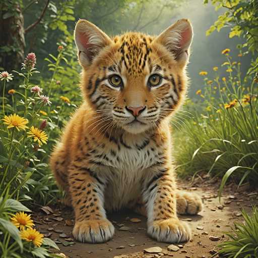 A young tiger cub is sitting on a dirt path surrounded by tall grass and wildflowers. The cub's fur is a beautiful shade of orange with white stripes running down its back, and it has striking green eyes that seem to be looking directly at the camera.