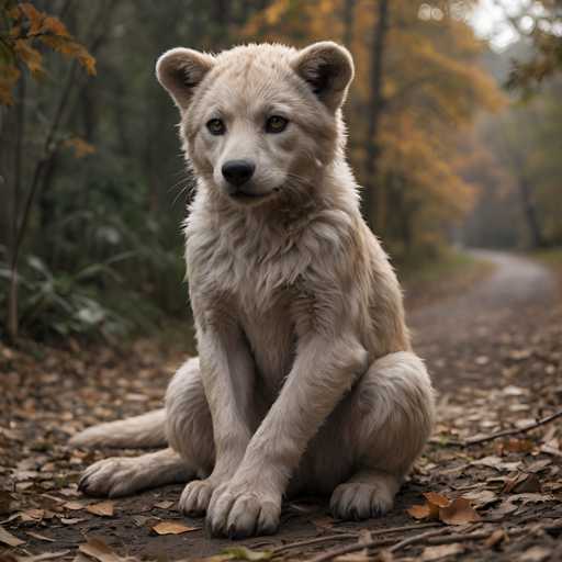 A young white puppy sits on a dirt path surrounded by fallen leaves and trees with autumn foliage.