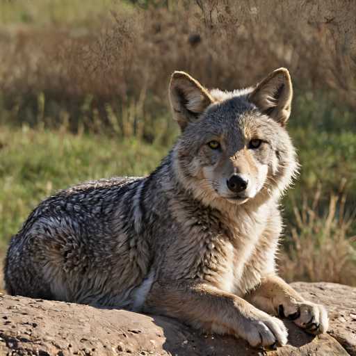 A gray and white coyote is sitting on a rock in a grassy field. The coyote's fur appears wet, suggesting it has been recently caught in the rain or is still drying off from a recent shower. The coyote is facing the camera with its eyes open, giving a clear view of its face and expression.