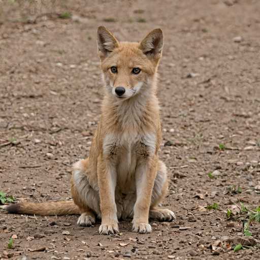 A young fox sits on a dirt path surrounded by green plants and rocks.