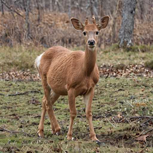 A brown deer with white markings on its back and legs stands alone in a field of tall grass and fallen leaves.