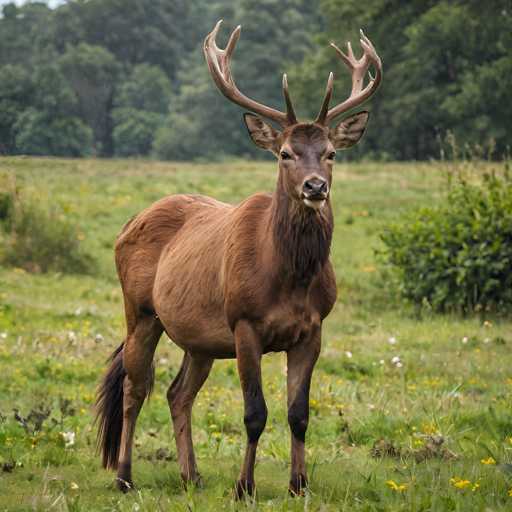 A brown deer with large antlers stands in a grassy field surrounded by trees and bushes.