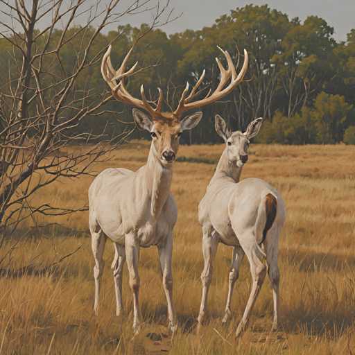 A pair of white deer with large antlers standing in a field surrounded by trees and brown grass.
