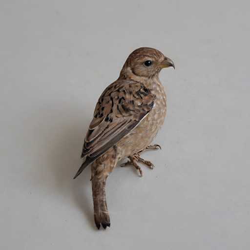A small brown bird with black wings and tail is perched on a white surface against a gray background.