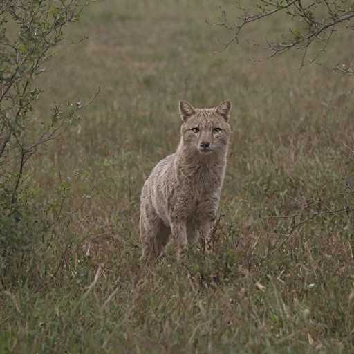 A light brown fox stands on its hind legs in a field with tall grass and trees in the background.