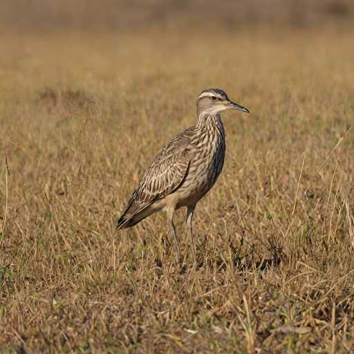 A small bird with brown and white feathers stands on one leg in a field of tall grass.