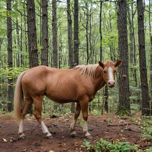 A brown horse with white markings on its face and legs stands alone in a forest clearing surrounded by tall trees and fallen leaves.