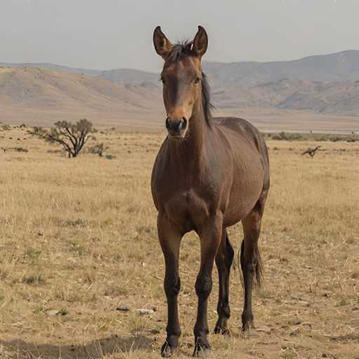 A brown horse stands alone in a dry desert landscape, facing the camera with its head turned slightly to the left and its ears perked up. The background features a hazy sky and distant mountains, creating an impression of solitude and tranquility.
