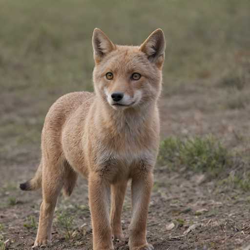 A young fox stands on a dirt path in a grassy field, facing the camera with its head turned slightly to the left and ears perked up.